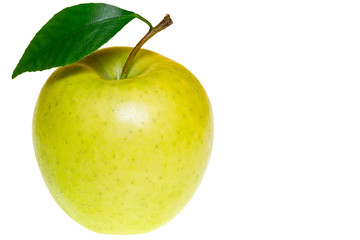 Single ripe green apple with green apple leaf isolated on white background. Apple and leaf with clipping path
