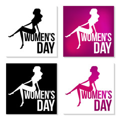 4 silhouettes of a sit girl in profile on white, black and pink background