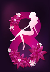 Girl sit on the digit 8 on the violet background with pink and white papercut flowers