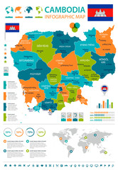 Obraz premium Cambodia - infographic map and flag - Detailed Vector Illustration