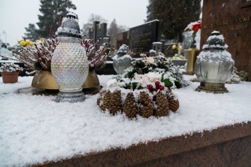Cemetery covered by snow in winter. Slovakia