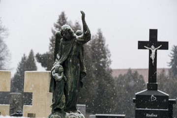 Cemetery covered by snow in winter. Slovakia