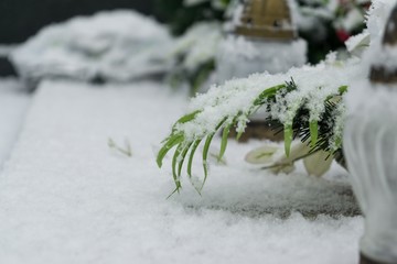 Cemetery covered by snow in winter. Slovakia
