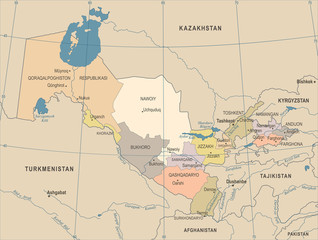 Uzbekistan Map - Vintage Detailed Vector Illustration