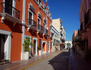 A pretty street in the walled city of Campeche in Mexico
