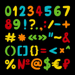 Vector hand drawn set of numbers, punctuation marks and special symbols