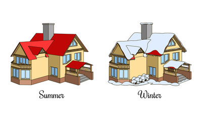 Set of two houses in summer and winter time. Cartoon cottage icon. Architectural building in different seasons