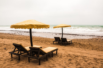 Beach umbrellas on the sandy beach