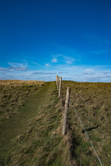 Obraz premium Linear perspective of a wire fence running through a meadow on a spring sunny day with blue sky and white clouds in background
