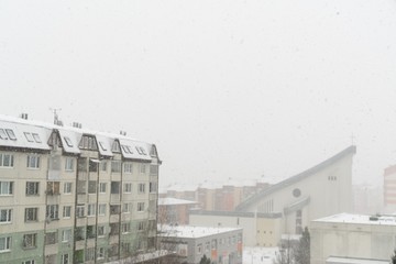 Snowfall in the town. Slovakia