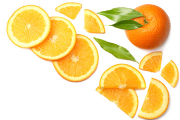healthy food. sliced orange with green leaf isolated on white background top view