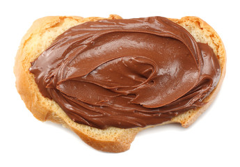 Slice of bread with chocolate cream isolated on white background