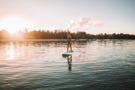 Woman paddleboarding in sea against sky during sunset