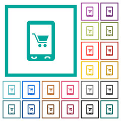 Mobile shopping flat color icons with quadrant frames