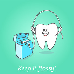 Cartoon tooth with dental floss. Teeth care concept and hygiene. Dental illustration for kids. Keep it flossy!