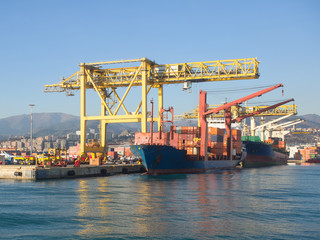 cargo ships loaded by  yellow cranes  in the port