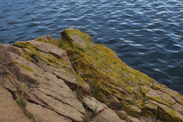 View of the mossy rock against the background of water