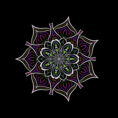 vector ornament decoration multicolored bohemian circle .Ornamental Floral Mandala .drawing for coloring, textiles and tattoo on a black background