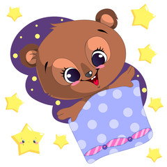 Sleeping cartoon bear clipart vector with moon and stars