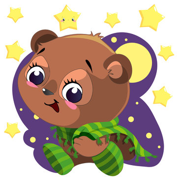 Cute cartoon bear with blanket sitting in night clipart vector with moon and stars