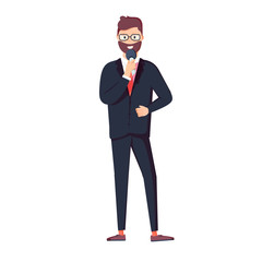 Vector illustration character of smart businessman, holding microphone, standing and talking. Flat design illustration.