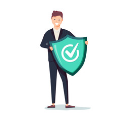 Protected from attack, concept. Defender, security business metaphor. Man is holding a shield reflecting the attacks.