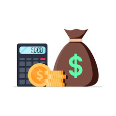 Money and calculator flat illustration. Banking bills and budget balance business illustration. Financial economy