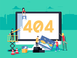 Error 404 page. Builders, repair, crane, site. Flat vector illustration in cartoon style.