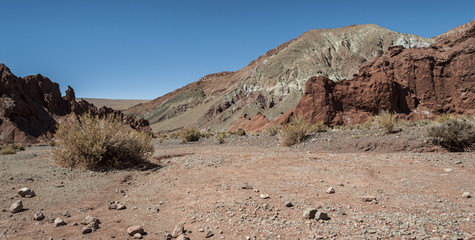 Rainbow Valley (Valle Arcoiris), in the Atacama Desert in Chile. The mineral rich rocks of the Domeyko mountains give the valley the varied colors from red to green.