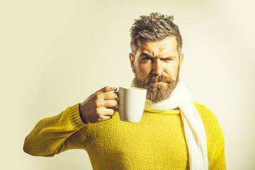 Stylish handsome bearded man in scarf and sweater, holds cup with hot coffee or tea. Advertising for cafe or bistro. Copy space in upper corner.
