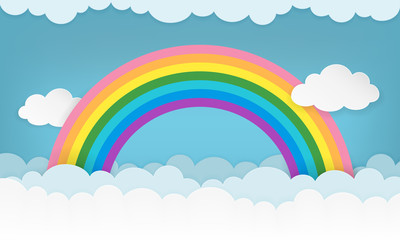 Cartoon Cloudscape Hintergrund mit Papierwolken und Regenbogen. Bewölkte Landschaft Tapete. Sauberer und minimalistischer Hintergrund für Kinderzimmer, Babyzimmer, Babyzimmerdekoration. Vektorillustration