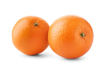 Juicy ripe oranges on white background