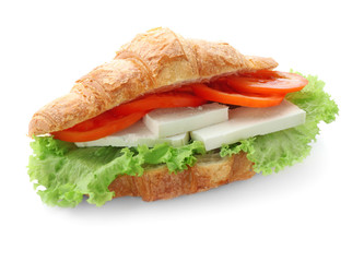Tasty croissant sandwich on white background
