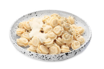 Plate with tasty meat dumplings on white background