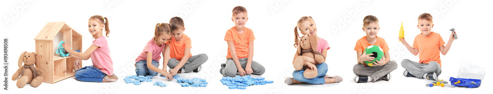 Canvas Prints collage of happy little children playing with different toys on white background