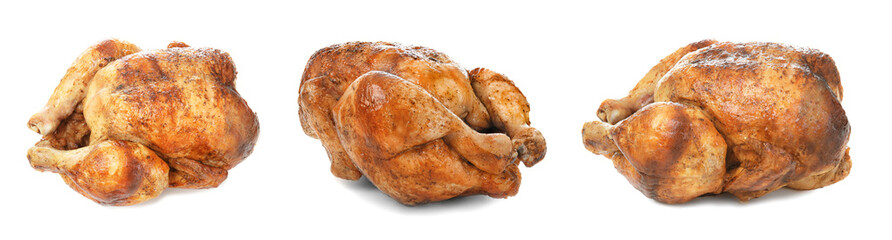 Set of whole roasted chickens on white background