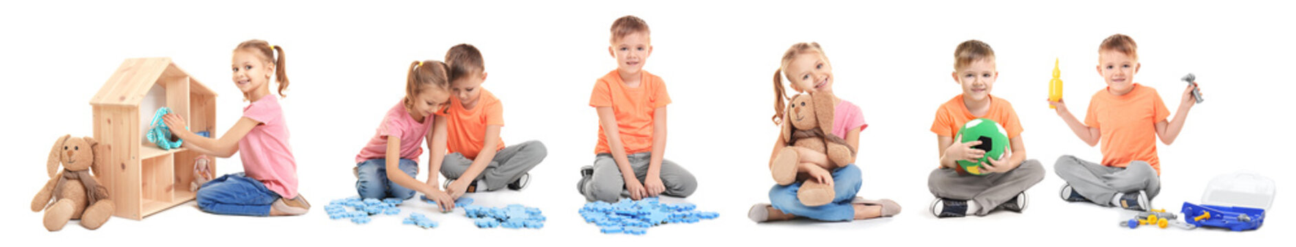 Collage of happy little children playing with different toys on white background