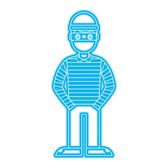 hacker male character with mask and striped shirt vector illustration blue neon line image
