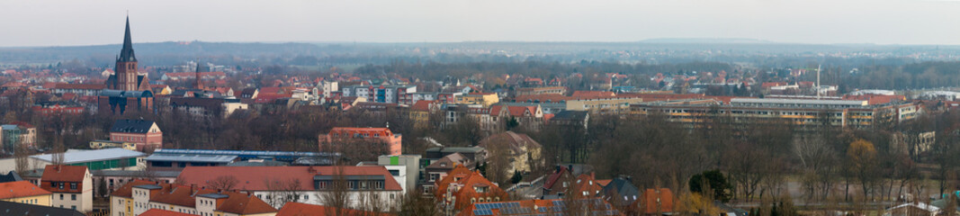 Panorama of the city of Bitterfeld, known from the chemical park Bitterfeld-Wolfen and the Goitzsche See, which originated from an open-cast lignite mine. - obrazy, fototapety, plakaty