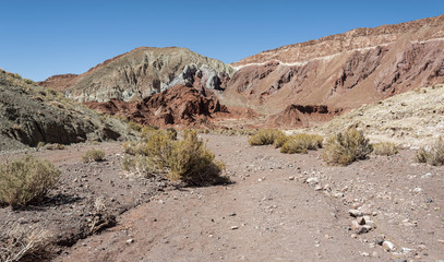 Rainbow Valley (Valle Arcoiris), in the Atacama Desert in Chile. The mineral rich rocks of the Domeyko mountains give the valley the varied colors from red to green.