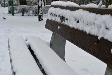 заснеженная лавка в парке