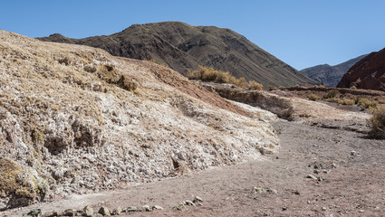 Rainbow Valley (Valle Arcoiris), in the Atacama Desert in Chile. The mineral rich rocks of the Domeyko mountains give the valley the varied colors from red to green.