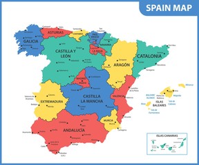 The detailed map of the Spain with regions or states and cities, capitals - obrazy, fototapety, plakaty