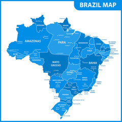 The detailed map of the Brazil with regions or states and cities, capitals
