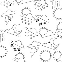 weather clouds sun moon storm lightning rain drops background vector illustration dotted line graphic