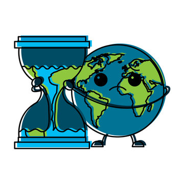 cartoon sad earth planet embrace hourglass clock vector illustration