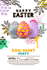 Fototapeta premium Easter egg hunt party vector poster design template. 3d decorative egg on watercolor splashes abstract background. Concept for banner, flyer, invitation, greeting card, holiday backgrounds.