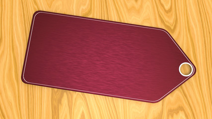 Blank red textured price tag on wooden desk. 3D illustration