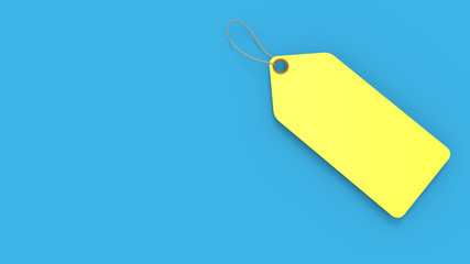 Blank yellow price tag on blue background and space for text. 3D illustration