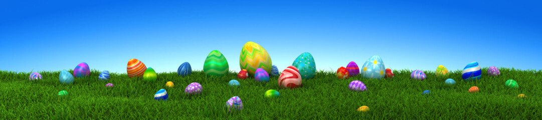Colorful Easter eggs on green grass with blue sky - 3d render